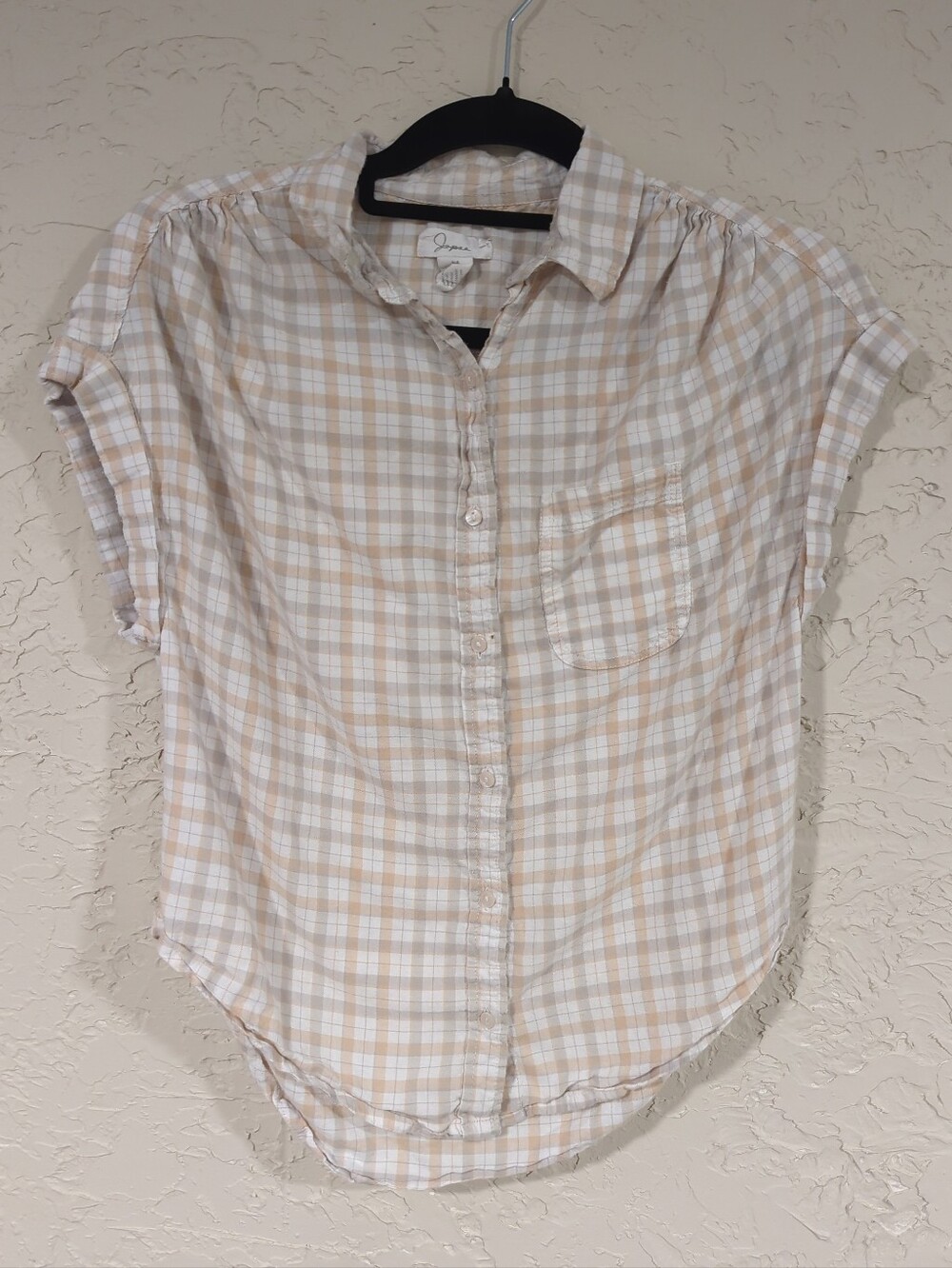 Japna White And Orange Check Plaid Short-Sleeve Button-Up Top - Women's Medium